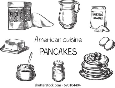 Pancakes. Creative conceptual vector. Sketch hand drawn American food recipe illustration, engraving, ink, line art, vector.