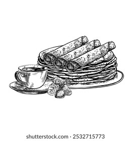 Panqueques y una taza de té. Dibujo gráfico de Vector de desayuno. Ilustración de comida dibujada a mano en blanco y negro. Sobre un fondo blanco. Ideal para menús, carteles, etiquetas, recetas de cocina e invitación