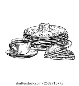 Panqueques y una taza de té. Dibujo gráfico de Vector de desayuno. Ilustración de comida dibujada a mano en blanco y negro. Sobre un fondo blanco. Ideal para menús, carteles, etiquetas, recetas de cocina e invitación