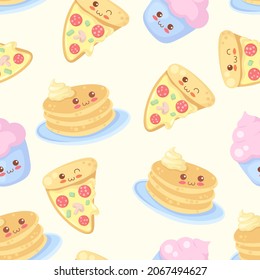 Pancakes, cupcake and pizza slice cartoon characters. Vector kawaii fast food illustration in cute cartoon style. Seamless pattern in light colors. Adorable kids menu decoration, banner, fabric print.