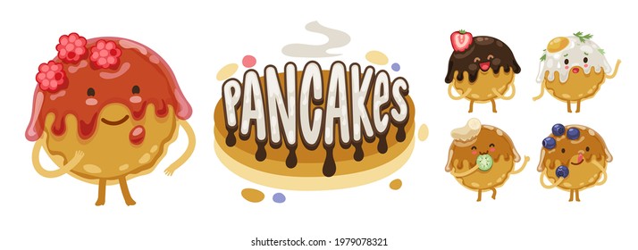 Pancakes cute cartoon characters emoji set for breakfast menu project. Symbol and logo for food design decoration. Isolated on white background.