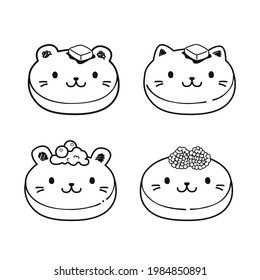 Pancakes day with different style, Bear Pancake, Cat, bunny, Whip cream, butter, Sketch baking with syrup and blueberries and raspberries , black and white,  Cute breakfast,  Vector Illustration