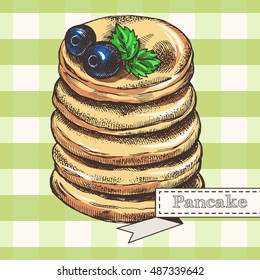 Pancakes decorated with berries blueberry. Hand drawn vector illustration.