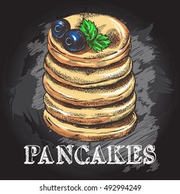 Pancakes decorated with berries blueberry. Hand drawn vector illustration. Poster on the chalkboard.