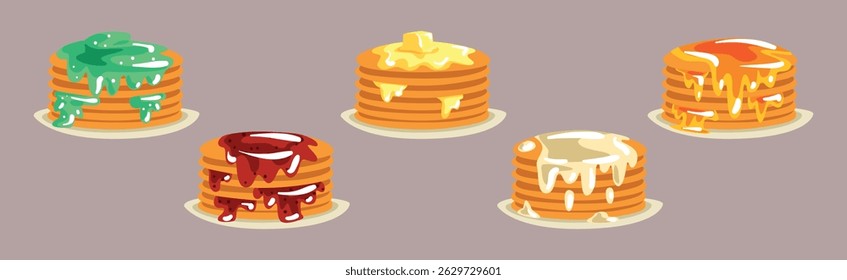 Pancakes with Delicious Toppings for Breakfast on Plate Vector Set