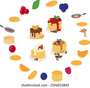 Pancakes Design Collection For Pancake Day. Various Stacked Pancakes With Different Syrups And Ingredients. Vector Illustration For Your Purposes.