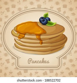 Pancakes dessert with maple syrup in frame and food cooking icons on background vector illustration