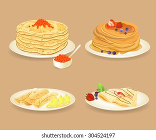 Pancakes with different stuffings on white plates. Vector illustration.