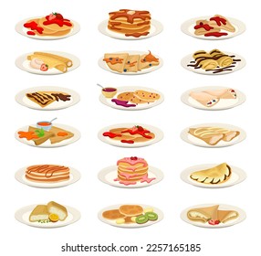 Crepes con diferentes ataúdes. Crepes rodadas servidas con vector de dibujos animados