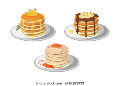 Pancakes with different toppings and fillings. Vector illustration set. Pancakes with caviar, chocolate toping and banana, honey and lemon. Cuisine, recipes, cooking concept
