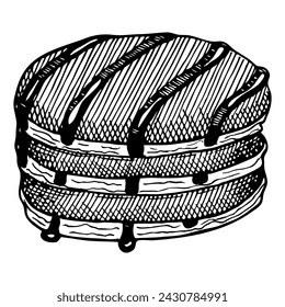 Pancakes dipped in chocolate sketch. Breakfast food. Hand drawn vector illustration.