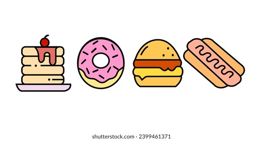 Pancakes, donuts, hamburger, hot dog.