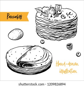 Pancakes, drawn with ink and pen. Russian traditional food, Russian pancakes. Vector illustration