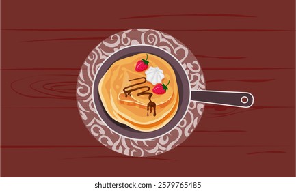 pancakes drizzled with chocolate syrup with strawberries on a frying pan on a wooden background.top view