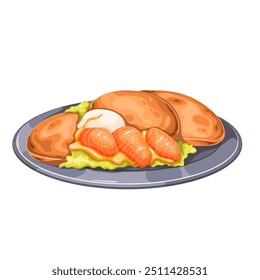 Panqueques, huevo y aguacate, salmón en el plato de desayuno de dibujos animados. Porción de comida de la mañana con pila de flapjacks cocidos esponjosos calientes, pescado. Mascota de bocadillo sano, Ilustración vectorial de la porción del panqueque de la historieta