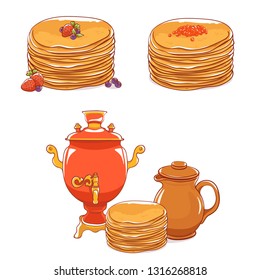 Pancakes with filling: sweet and salty. Clay jug and samovar. Healthy breakfast. Maslenitsa - slavic holiday carnival.
