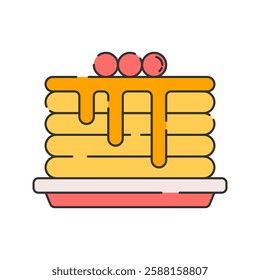 Pancakes, Flat Design. A stack of pancakes with syrup and berries, ideal for breakfast menus, food-related icons, or cafe branding.