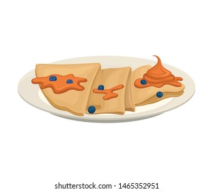Pancakes are folded in the shape of a triangle with caramel. Vector illustration on white background.