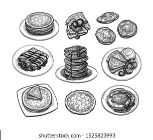 Pancakes and French crepes or Russian blinis with strawberries and syrup. Ink sketch collection. Isolated on white background. Hand drawn vector illustration. Retro style.