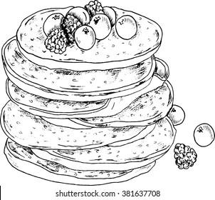 Pancakes Fresh Berries Cartoon Sketch Drawn Stock Vector (Royalty Free ...