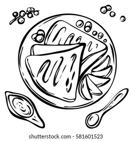 Pancakes with fresh berries on the plate. Cartoon sketch drawn by ink. Hand drawn food illustration. Fruit pancakes for breakfast.Fast food picture in sketch style isolated on white background