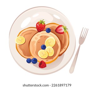 Pancakes with fruit. Healthy breakfast. Vegan food. American brunch with berries. Vector illustration.
