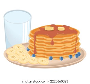 pancakes and fruits with milk breakfast