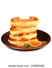 Pancakes with grape, honey and orange segment. EPS10 vector.