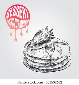 Pancakes hand drawn sketch isolated on white background and pink blob with drops. Dessert sketch elements vector illustration