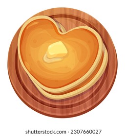 Pancakes heart shape stack with butter top view in wooden board in cartoon style isolated on white background. Romantic dessert, breakfast. 