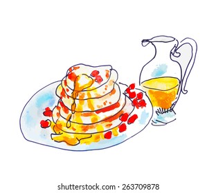 Pancakes with honey. Breakfast isolated on white