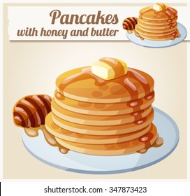 Pancakes with honey and butter. Cartoon vector icon. Series of food and drink and ingredients for cooking.