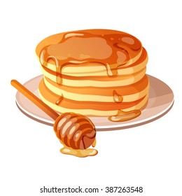 Pancakes with honey. Cartoon vector on white background
