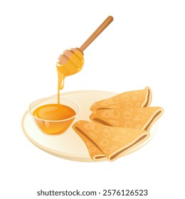 Pancakes with honey in flat design. Sweet homemade meal with syrup in bowl. Vector illustration isolated.