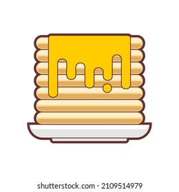 Pancakes with honey on plate. Stack of pancakes. Food vector illustration