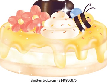 Pancakes with Honey Topped with a chocolate bear shape. flower and bee There is topped with cream sprinkled with icing.