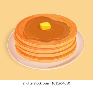 Pancakes with honey, topping or maple syrup and a piece of butter on a plate. Icon isolated on beige background. Vector illustration. Usable for design menu, recipe, banner, poster.