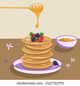 Crepes con miel. Ilustración vectorial plana de crepes de desayuno con miel y bayas.