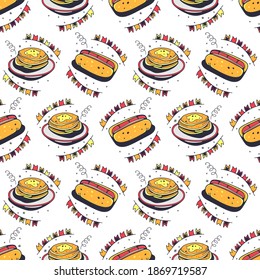 Panqueques y perritos calientes. Patrón sin brillo en un fondo blanco. Ilustración vectorial de corte.