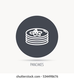 Pancakes icon. American breakfast sign. Food with maple syrup symbol. Round web button with flat icon. Vector