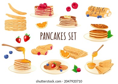 Pancakes icon set in realistic 3d design. Bundle of stacks of pancakes with different filling, berries, honey, chocolate and other. Cooking collection. Vector illustration isolated on white background svg