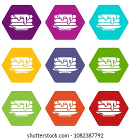 Pancakes icons 9 set coloful isolated on white for web