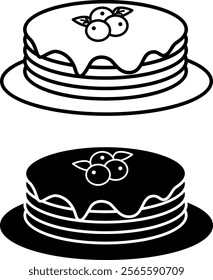 Pancakes Icons. Black and White Vector Illustration. Thin Fried Round Flatbreads with Sour Cream and Blueberries. Tasty Food. Fast Food Concept