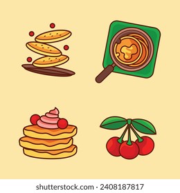 pancakes illustration. Cartoon pancakes. Stacks of tasty pancakes with maple syrup, butter, chocolate syrup, fruits and jam. Delicious breakfast food. vector illustrations.