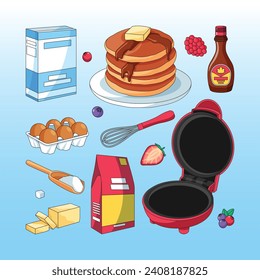pancakes illustration. Cartoon pancakes. Stacks of tasty pancakes with maple syrup, butter, chocolate syrup, fruits and jam. Delicious breakfast food. vector illustrations.
