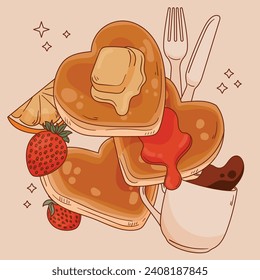 pancakes illustration. Cartoon pancakes. Stacks of tasty pancakes with maple syrup, butter, chocolate syrup, fruits and jam. Delicious breakfast food. vector illustrations.