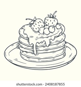pancakes illustration. Cartoon pancakes. Stacks of tasty pancakes with maple syrup, butter, chocolate syrup, fruits and jam. Delicious breakfast food. vector illustrations.