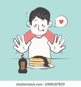 pancakes illustration. Cartoon pancakes. Stacks of tasty pancakes with maple syrup, butter, chocolate syrup, fruits and jam. Delicious breakfast food. vector illustrations.