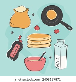 pancakes illustration. Cartoon pancakes. Stacks of tasty pancakes with maple syrup, butter, chocolate syrup, fruits and jam. Delicious breakfast food. vector illustrations.