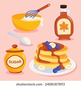 pancakes illustration. Cartoon pancakes. Stacks of tasty pancakes with maple syrup, butter, chocolate syrup, fruits and jam. Delicious breakfast food. vector illustrations.